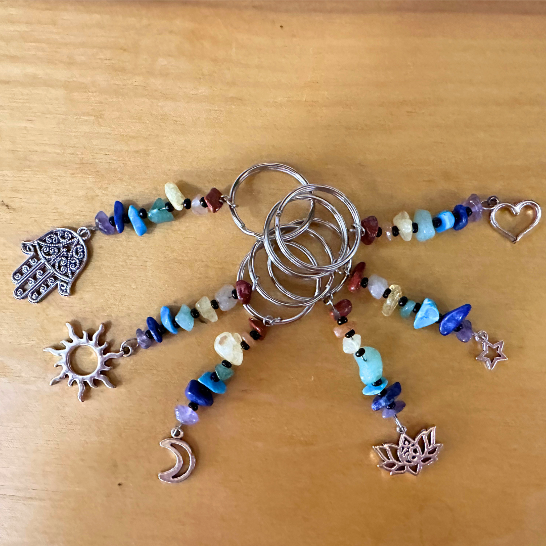 Crystal chip gemstone keychain with charm, various charm